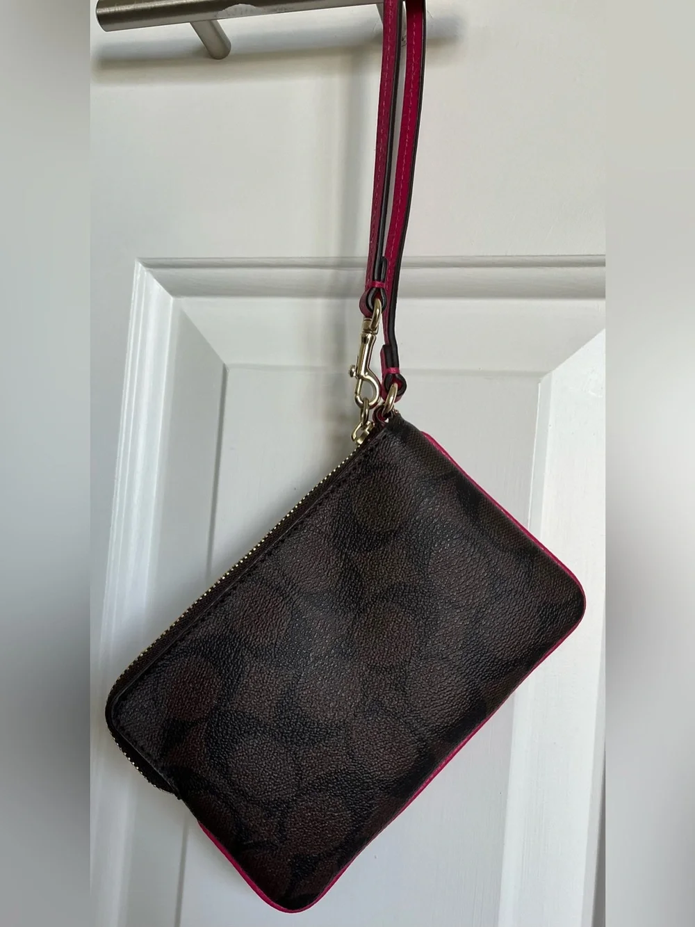 Coach Brown Signature Canvas Wristlet with Bright Pink Leather Accent